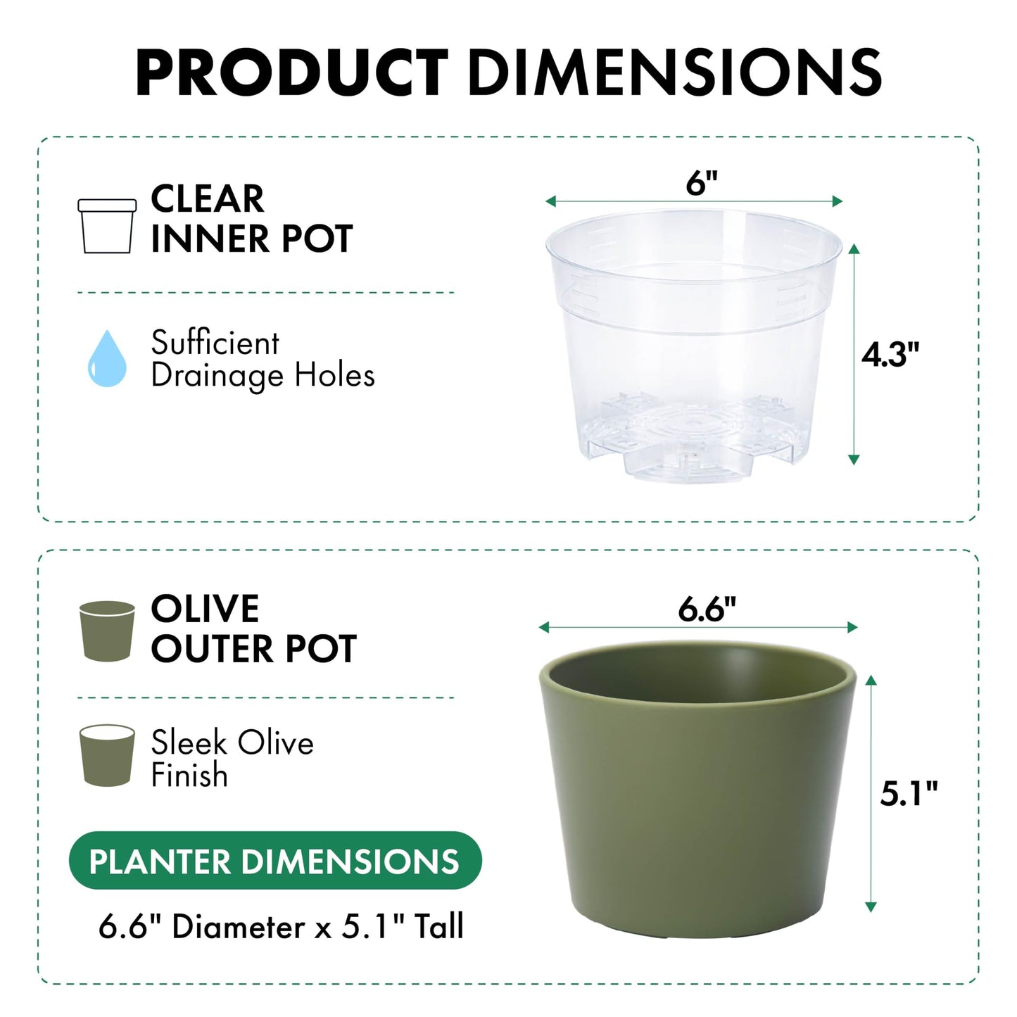 Phoenix Vine 6.6 Inch Olive Plastic Cachepot with Clear Nursery Pot, Decorative Lightweight Planter Cover with Transparent Inner Pot for Indoor Houseplants, Pack of 1, 24-C-F-1