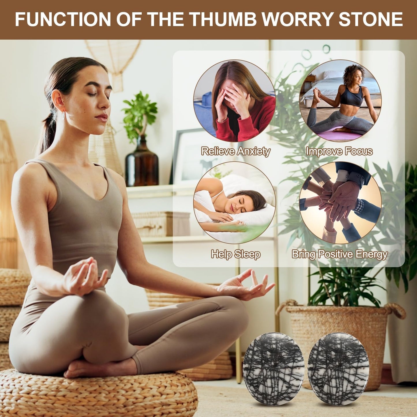 MECCANIXITY 2 Pcs Thumb Worry Stone for Anxiety, Black Net Stone Relief Crystals Hand Thumb Stones Pocket Gems Natural Polished for Yoga Meditation Relief