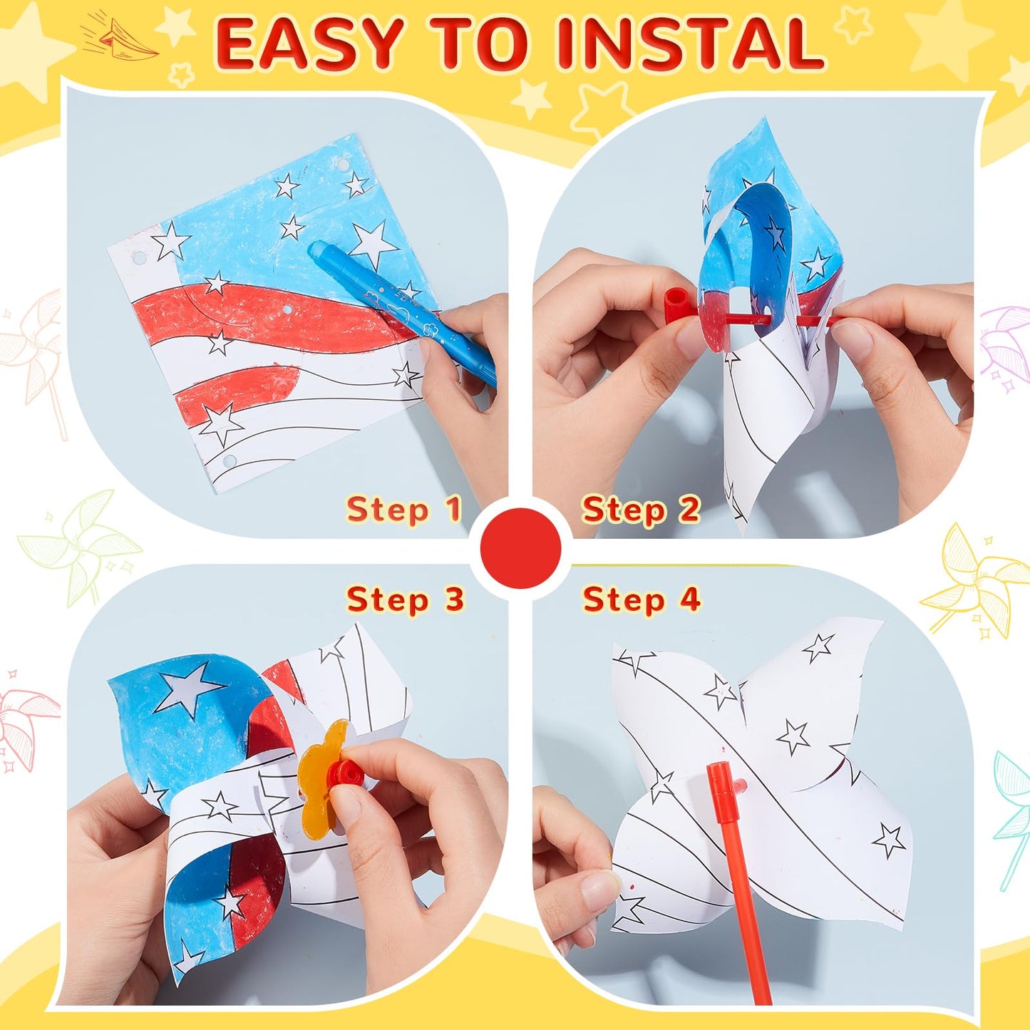 150 Pcs 4th of July Decorations DIY American Flag Pinwheels, 250th Anniversary Patriotic Craft Bulk, Blank Pinwheels for Independence Day, Memorial Day July of 4th Party Favors Supplies (Four Leaf)