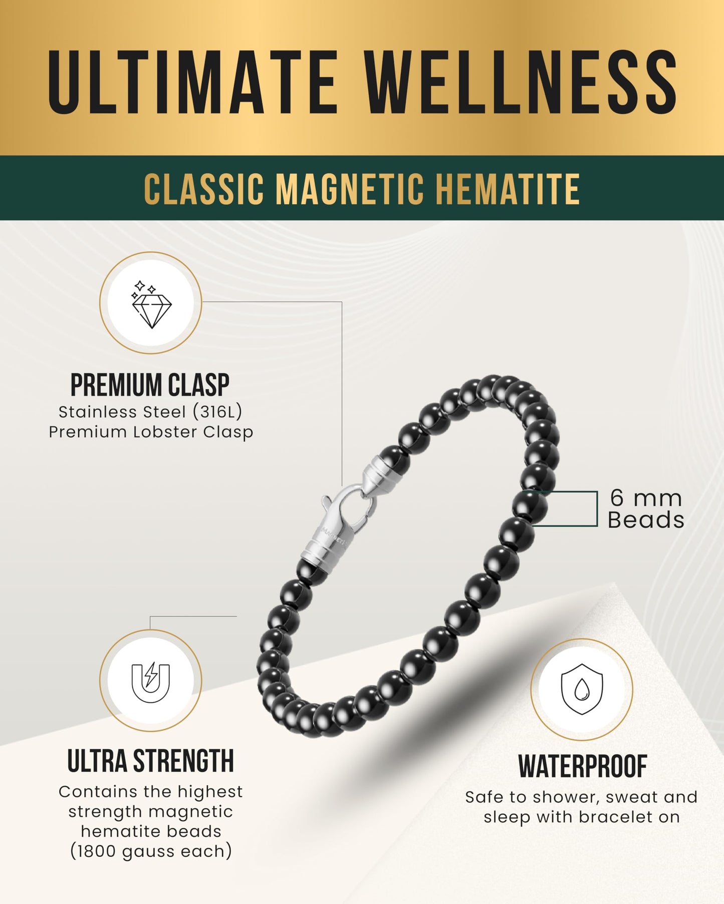MagnetRX® Hematite Magnetic Bracelet – Max Strength Magnet Stones – Elegant Beaded Hematite Bracelets for Men and Women (Classic | Medium)