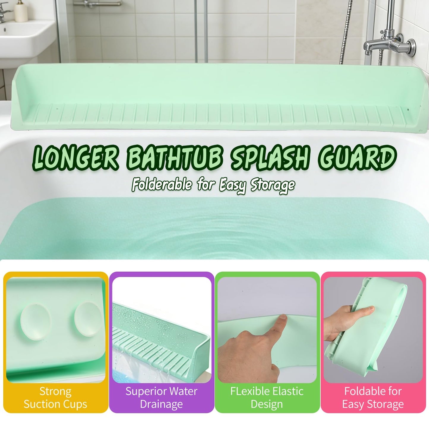 Bathtub Splash Guard for tub Kids& Bath Shelf for Kids – Toddler Bath Tray, Bath Toys Storage & Ledge Organizer – Splash Guard for Bathtub with Suction Cups – Kids Bathroom Accessories(2.6FT, Green)