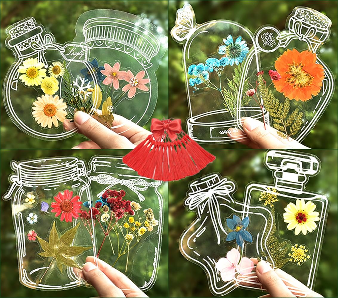 LiveOnce 60pcs DIY Dried Flower Bookmarks - Transparent PET Bookmark Kits with Tassels, Clear Sticky Sheets for Pressed Flowers, Leaves, Nature Craft, Gifts (10.5x7.5cm)