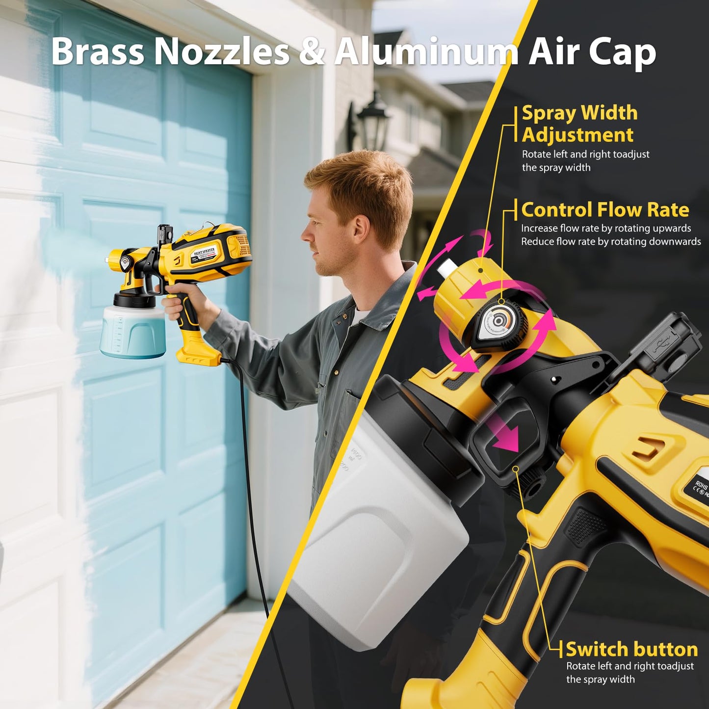 Paint Sprayer for House Painting, Paint Sprayer with 1000W Powerful Copper Motor, 1400ml (47oz) Container, 6 Brass Nozzles & LED Light, Easy to Clean for House, Fence, Furniture, Walls, DIY, Garden