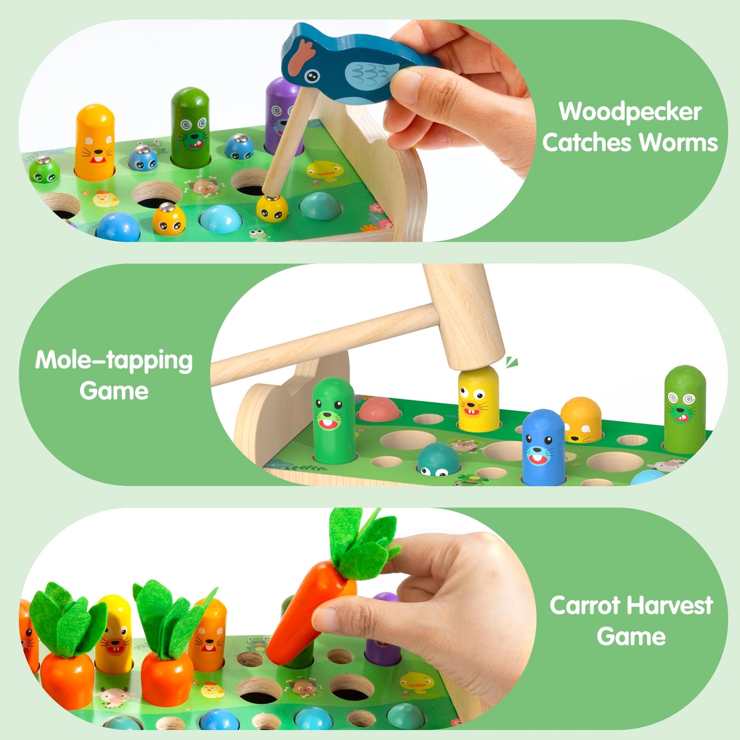 Amtreen 6-IN-1 Wooden Montessori Toys for 1 Year Old, Mole-Tapping Game | Play the Xylophone | Frog Clock | Carrot Harvest Game | Spinning Gear, Toddler Toys Aged 1-4, Baby Toy Gift for Early Learning