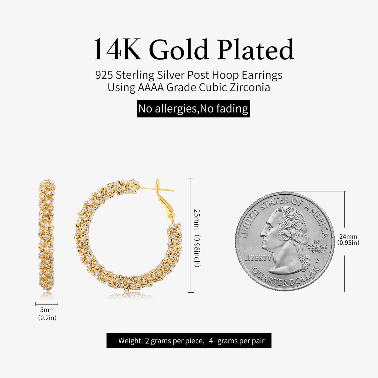 SayovatBek 14K Gold Plated 25–35mm Lightweight Hoop Earrings for Women, Cubic Zirconia, 925 Sterling Silver Post, Hypoallergenic Jewelry