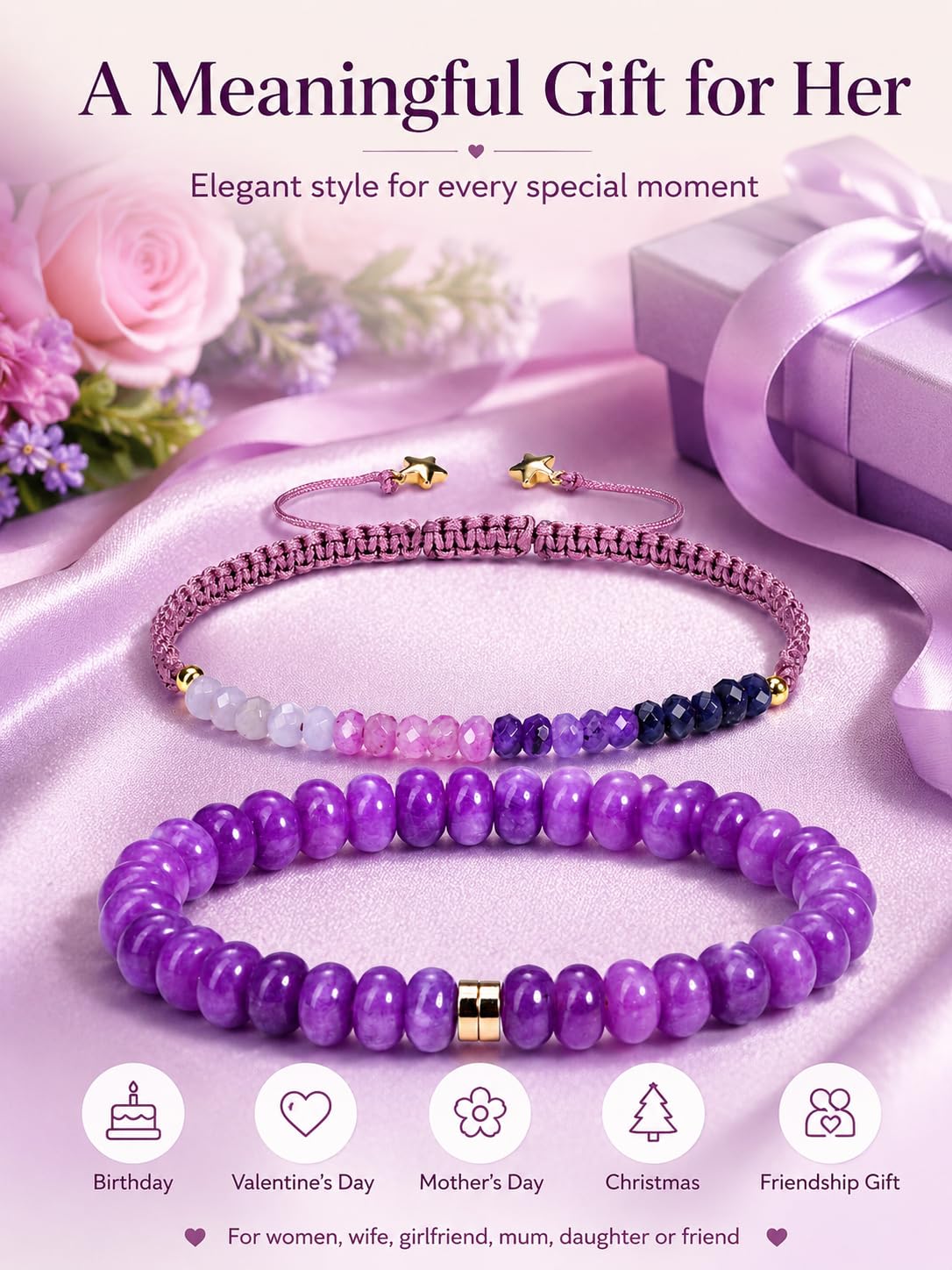 CrystalTears Purple Jade Beaded Bracelets for Women, 2pcs Stackable Boho Crystal Gemstone Bracelets Set with Stretch Bracelet and Adjustable Braided Bracelet Summer Beach Jewelry Gifts for Women Her