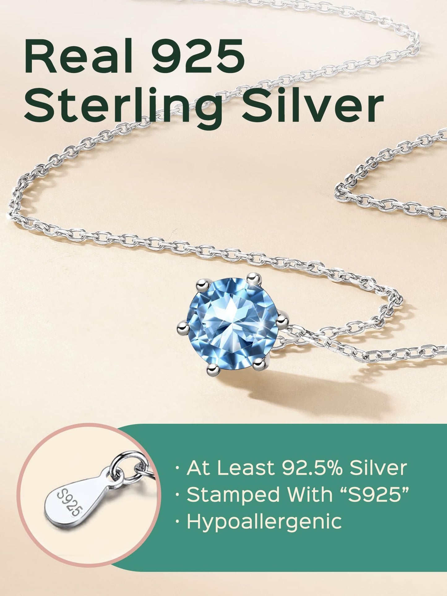 ChicSilver March Birthstone Necklace 925 Sterling Silver Blue Aquamarine Necklace Tiny Birthstone Jewelry with 16 Inch