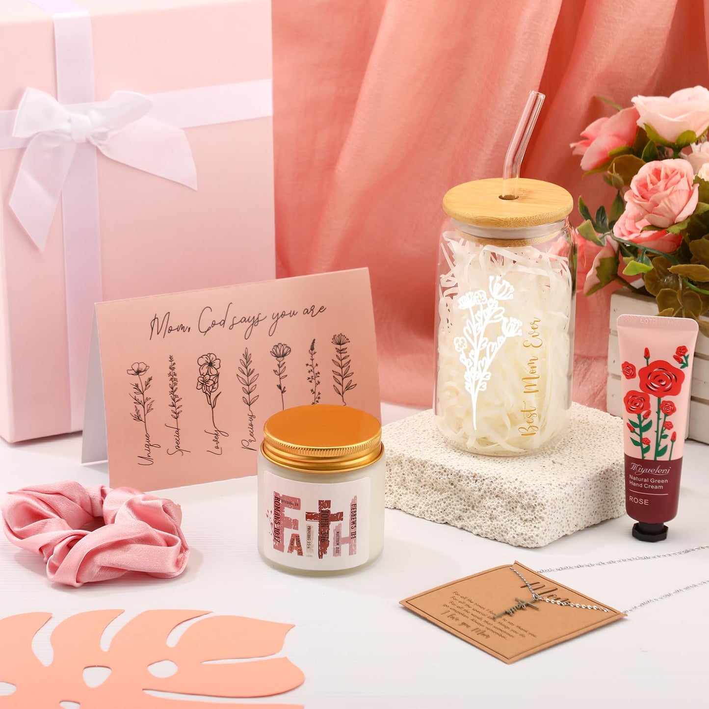SilTriangle 10 Pcs Christian Gifts for Mom Faith Religious Bible Box Gift Set for Mother Women Glass Cup Candle Cross Necklace Hand Cream Hair Tie Greeting Card Birthday(Pink)