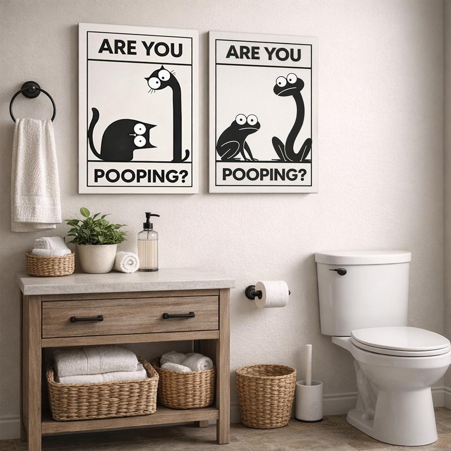 Framed Funny Bathroom Wall Art Set Of 2 Black And White Cartoon Animal Canvas Prints Are You Pooping Bathroom Decor For Guest Bathroom Powder Room Restroom Ready To Hang 12 X 16 Inches