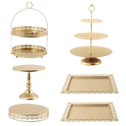 6 Pcs Gold Cake Stands Set, QENUIITEA Cake Display Pedestal Tiered Cupcake Holder Dessert Plate Serving Tower Tray Decorative for Wedding Birthday Party Baby Shower Celebration