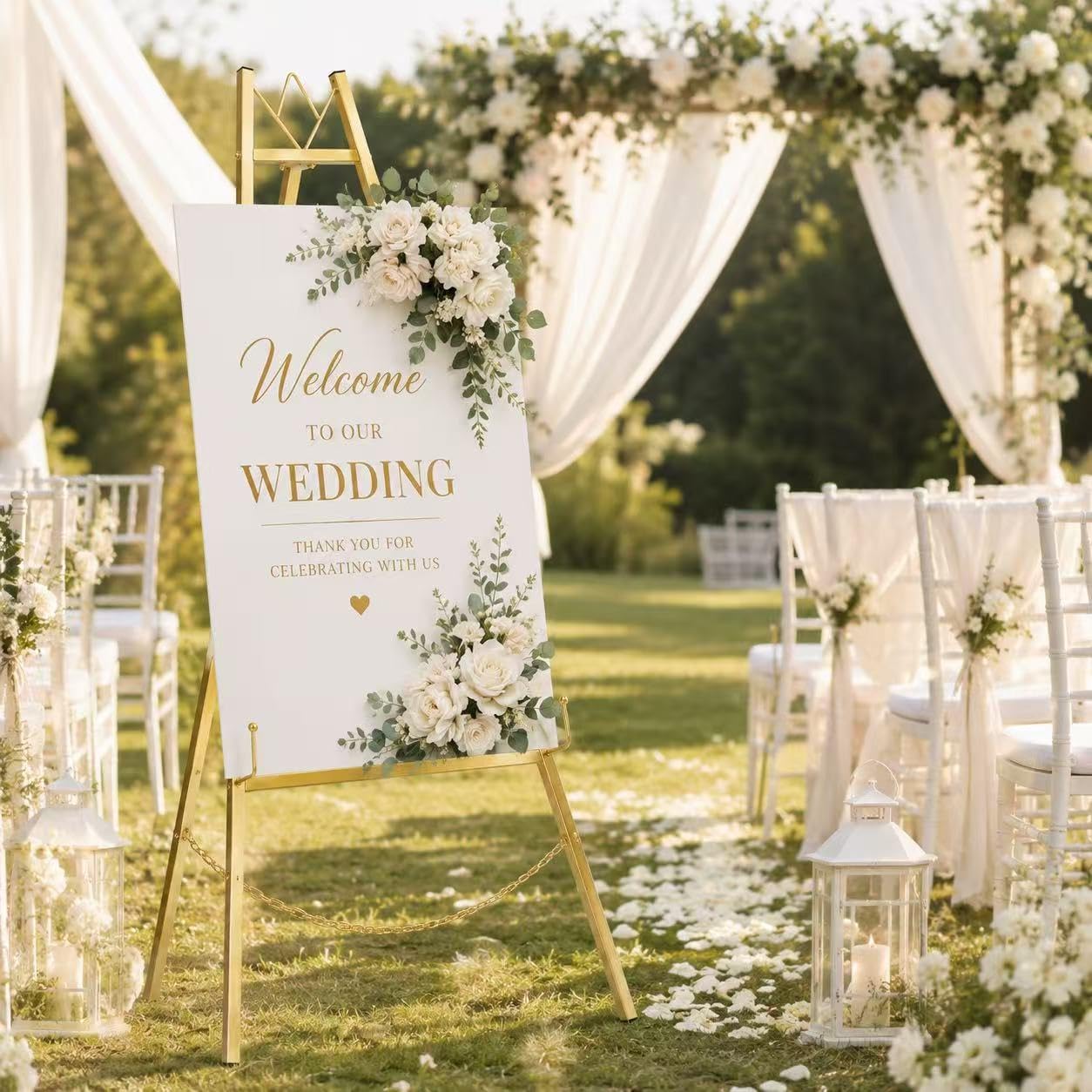57.5" Gold Easel Stand for Wedding Sign, Heavy Duty Metal Display Stand, 4-Tier Height Adjustable Easel for Art, Paintings, Welcome Signs, Posters, and Décor, Simply Assembly Required