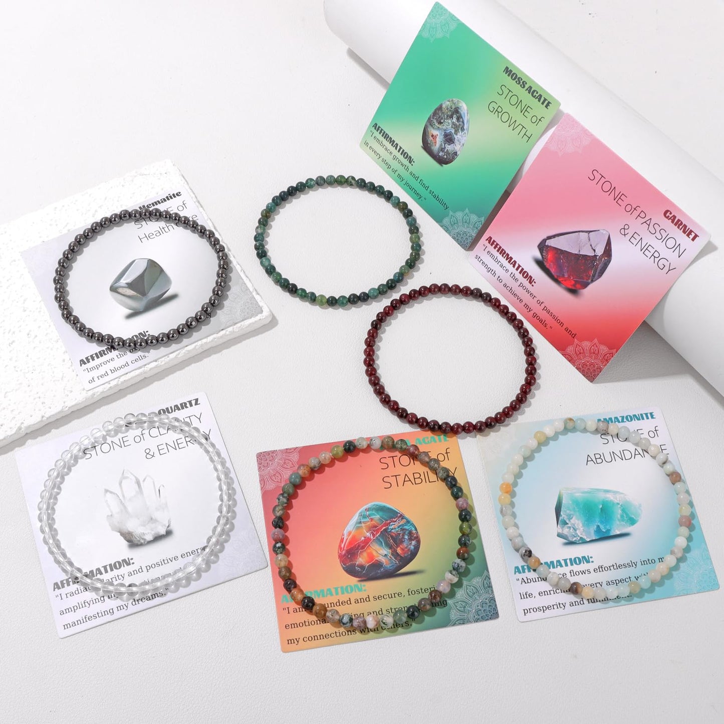 Bolinailo Crystal Beaded Bracelets for Women 4mm Amazonite Bead Handmade Gemstone Stretch Elastic Bracelet Natural Stone Crystal Healing Reiki Spiritual Jewelry Gifts