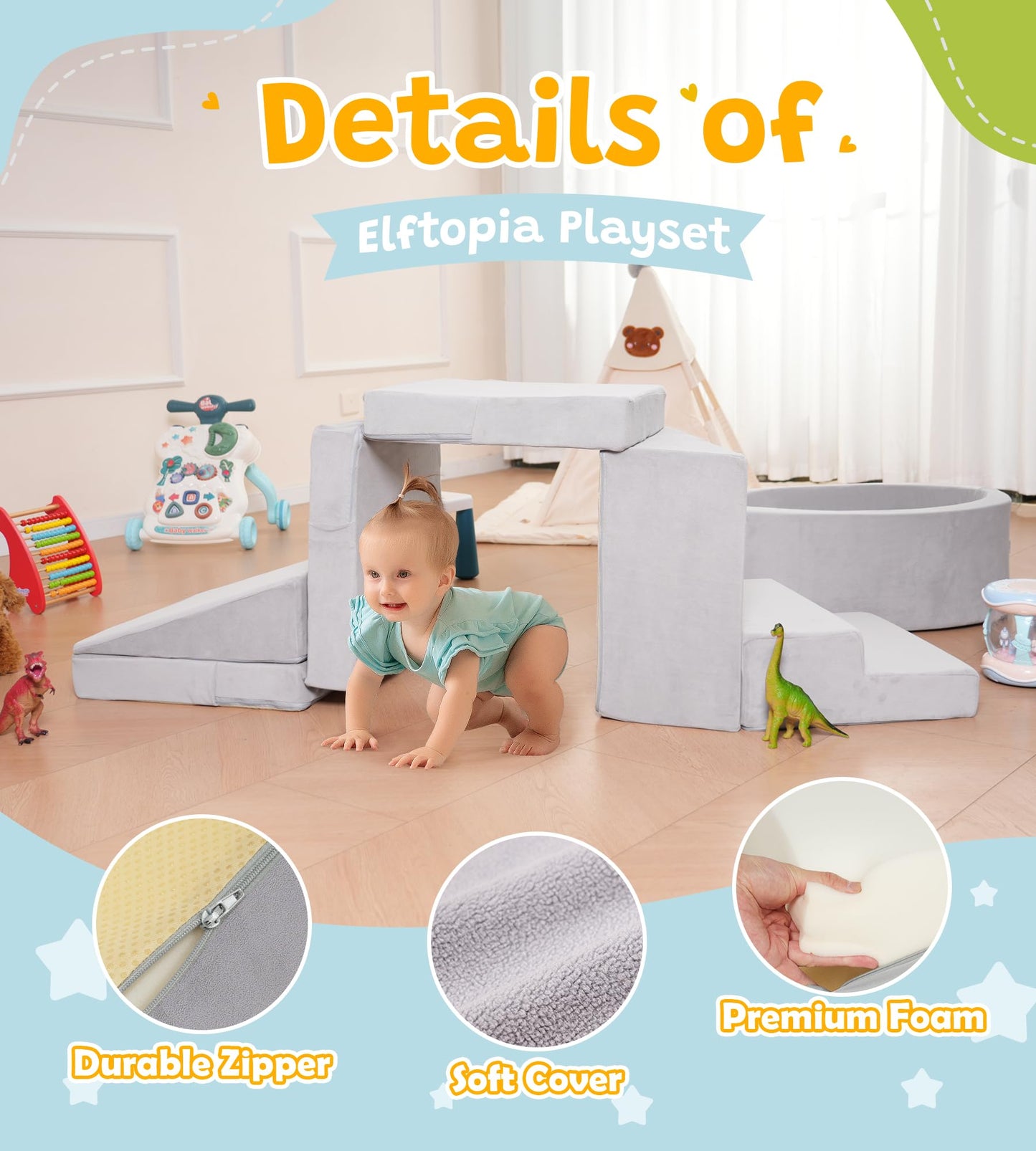 Elftopia Foam Climbing Blocks with Ball Pit & Stairs for Toddlers Aged 1-3 -Soft Playset for Indoor Crawling, Foam Playground Set for Baby to Active Playing Inside -(Balls NOT Included),Grey