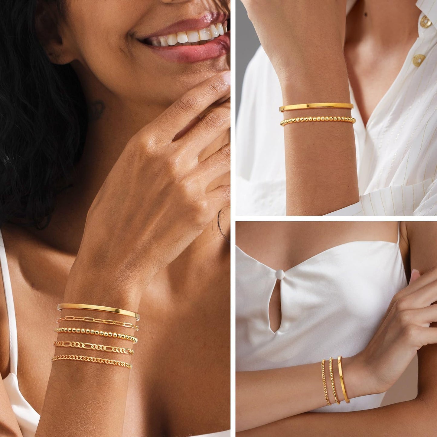 Gold Bracelets for Women, Exquisite 18K and 14K Real Gold-Plated Bracelet Stacking Sets, Waterproof Cuban Chains, Paperclip Chain , Cuff Bangles, Non Tarnish,Jewelry Gifts for Women (14K gold 5set)