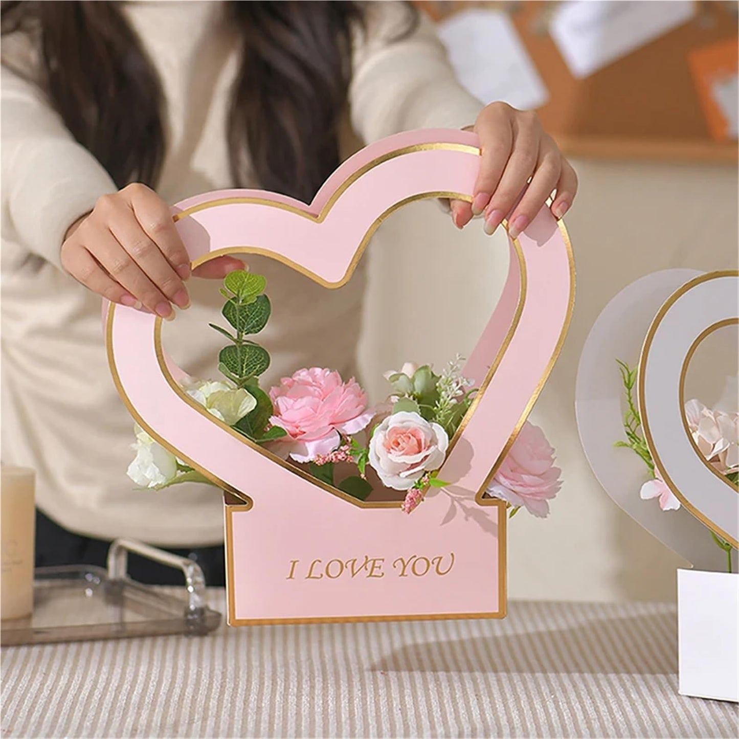 Nikeg Kraft Paper Flower Gift Bags 3Pcs Flowers Arrangement Kraft Paper Bag Folding Portable Flower Packaging Box Waterproof Basket Heart Handle Gift Tote Bags