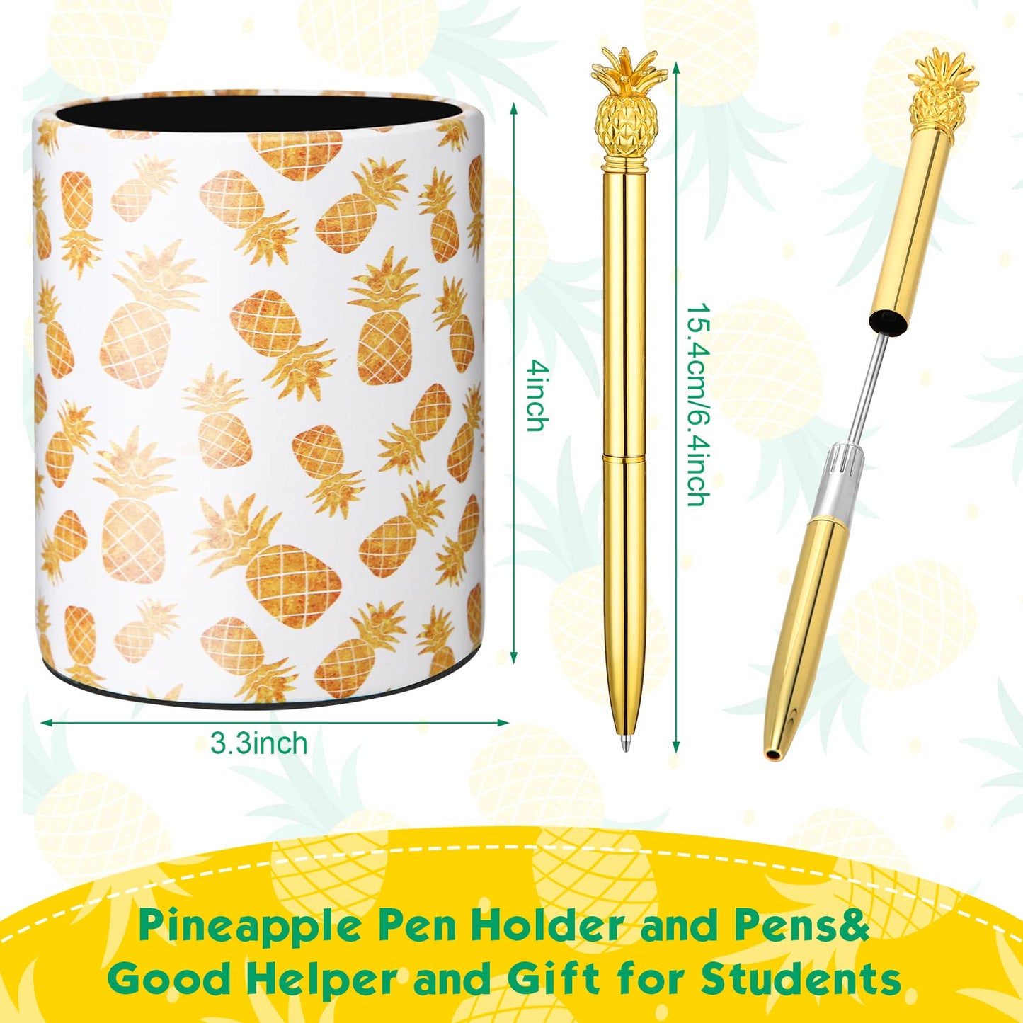 BBTO Pineapple Pen Holder with 6 Pcs Pineapple Shaped Pens Gifts Ballpoint Black 0.5mm Gel Ink Pen for Pencil Cups for Women Girls Desk Organizer Makeup Brush Holder Classroom Offices Home(Gold)