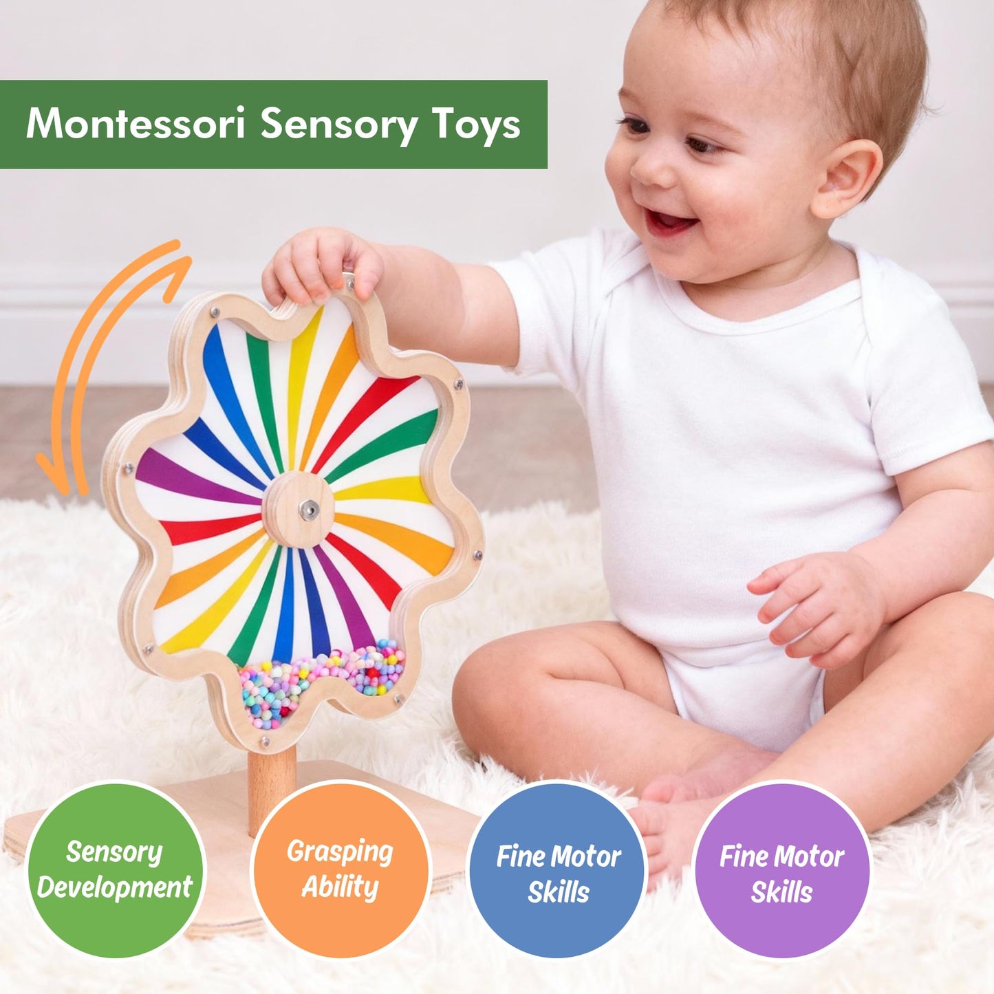 Aiwanture Spinning Activity Drum Toy with Sound, Montessori Wooden Sensory Toy for Babies, Perfect Birthday & Party Gift for 6-18 Months+