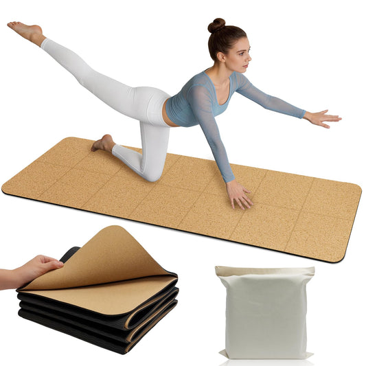 LILXIU Foldable Cork Yoga Mat 72 * 24 in 4 mm Thick Sweat Resistant with Rubber Base Hot Yoga Mat with Storage Bag Lightweight Grip Mats for Travel and Pilates Fitness Home Workouts
