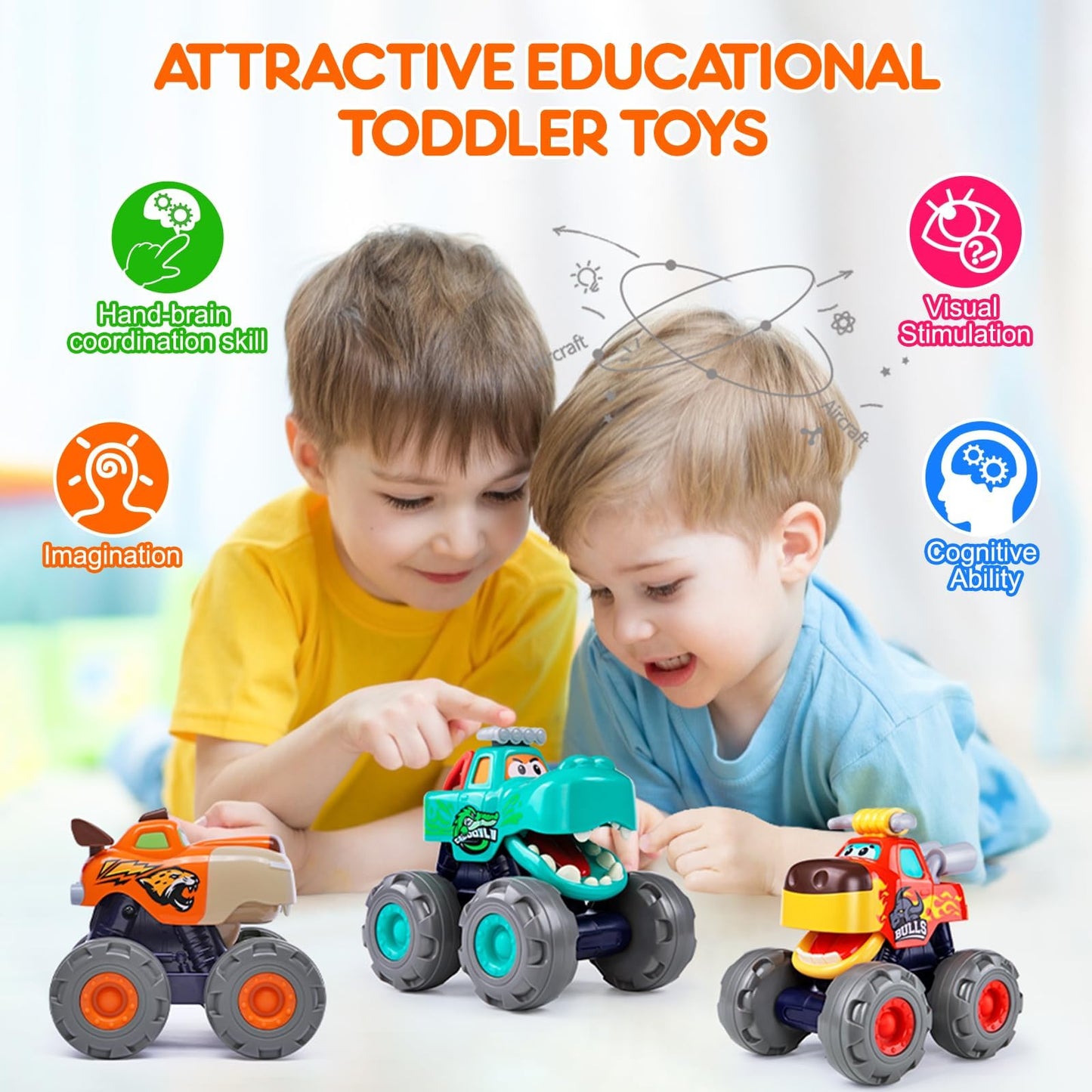 Toy Cars for 1 2 3 Year Old 3 Pack Monster Truck Toys Crocodile Bull Leopard Pull Back Car Big Wheel Animal Toy Trucks for Toddler 1-3 Baby Toys 12 18 Months Boy Girl Toddler Toy for 1 Year Old Gift