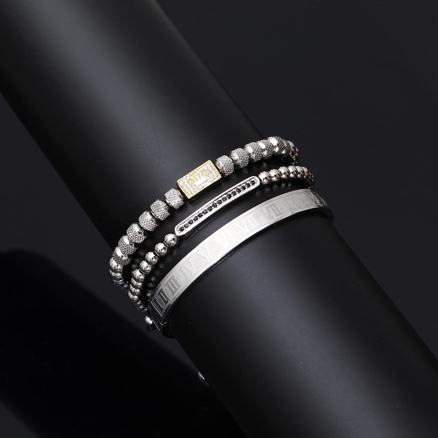 WFYOU 3PCS Stainless Steel Bracelets for Men Gold Roman Numeral Bangle Bracelet Twisted Cable Bracelet Adjustable Cuff Bracelet Mens Luxury Jewelry Bracelets Gifts(H:Gold&Silver)