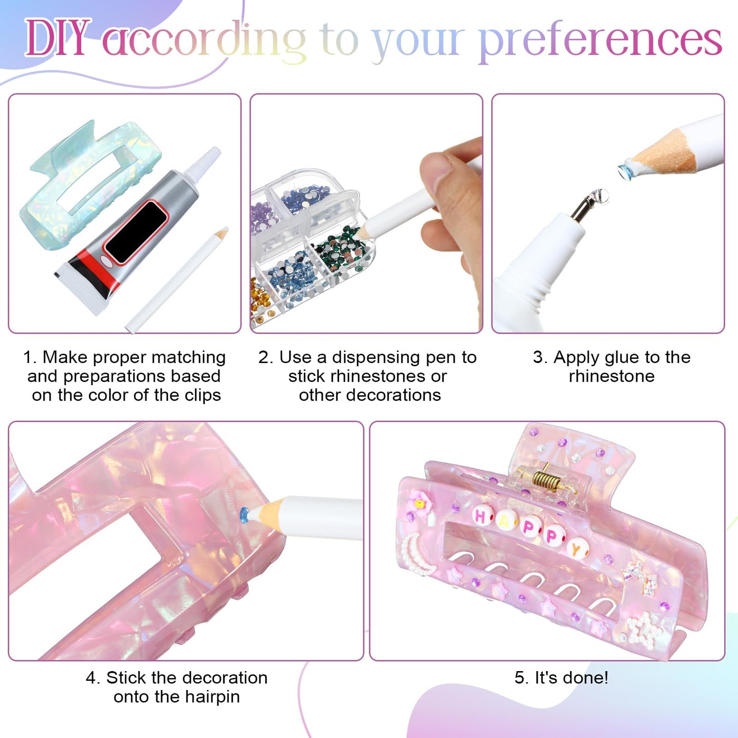 Suncalla 6 Set DIY Hair Claw Clips Kit Acrylic Claw Clip with Resin Rhinestones Pearls Hair Clips with Strong Hold Non-slip Banana Barrettes for Women Party Crafting Night DIY(Rectangle)