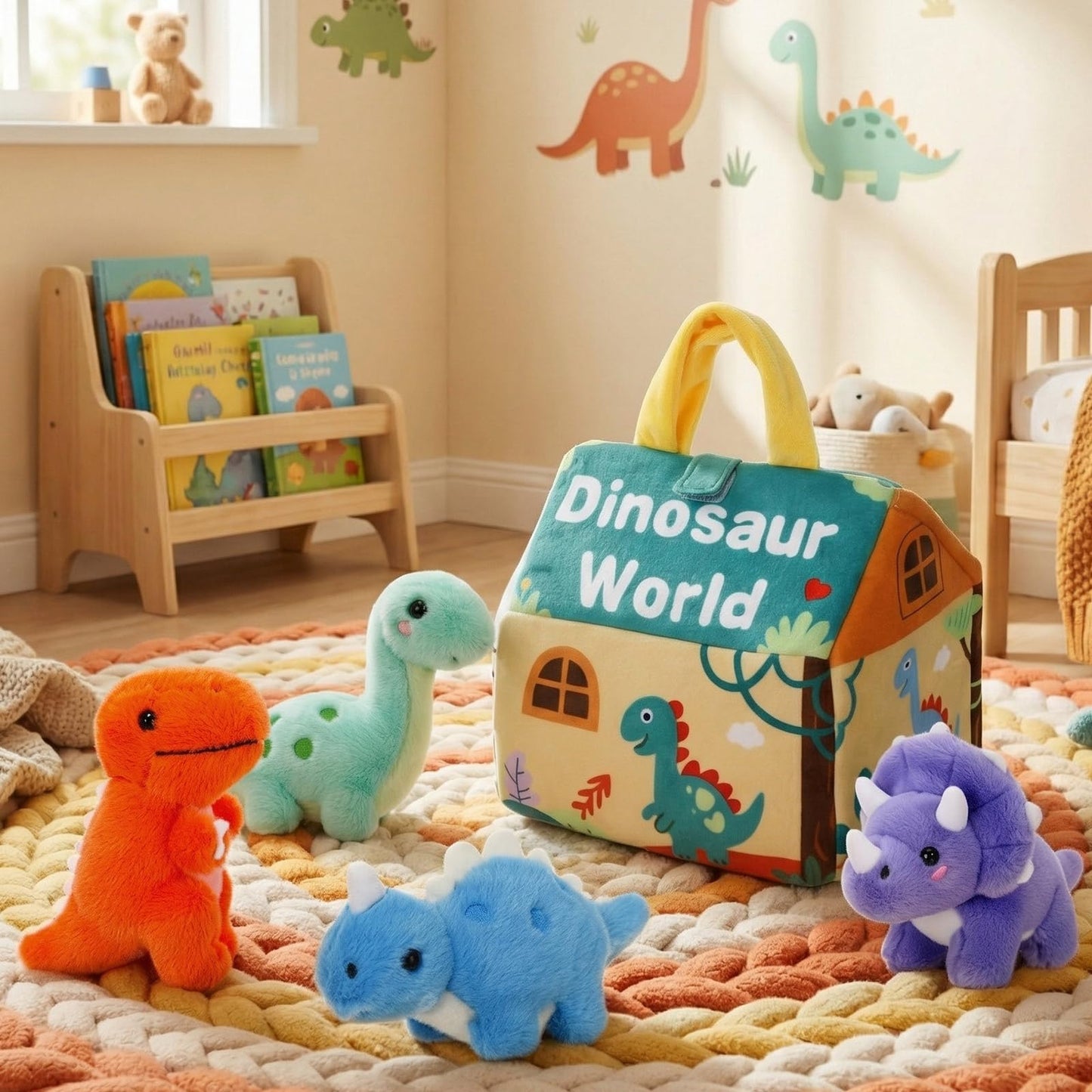 LaRandom 5 Pcs Dinosaur Plush Toys Set with Carry House, 4 Small Stuffed Dinosaurs and Playmat Bag for Dino Birthday Party Favors Goodie Bag Fillers Stocking Stuffers Classroom Prize Gifts