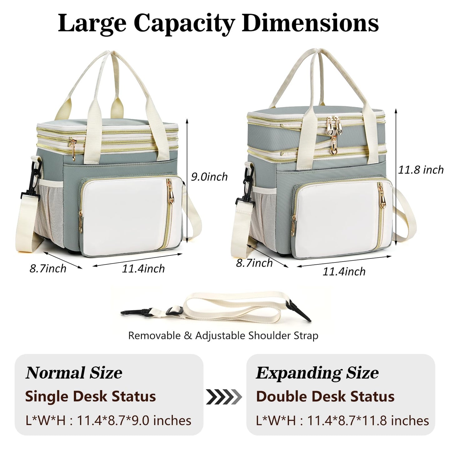 Lunch Box & Lunch Bag for Women Men, Expandable Large Insulated Adult Lunch Bag with Strap, Double Deck Leakproof Lunchbox Durable Cooler Bags for Work Picnic Beach,16L, Olive Green & White