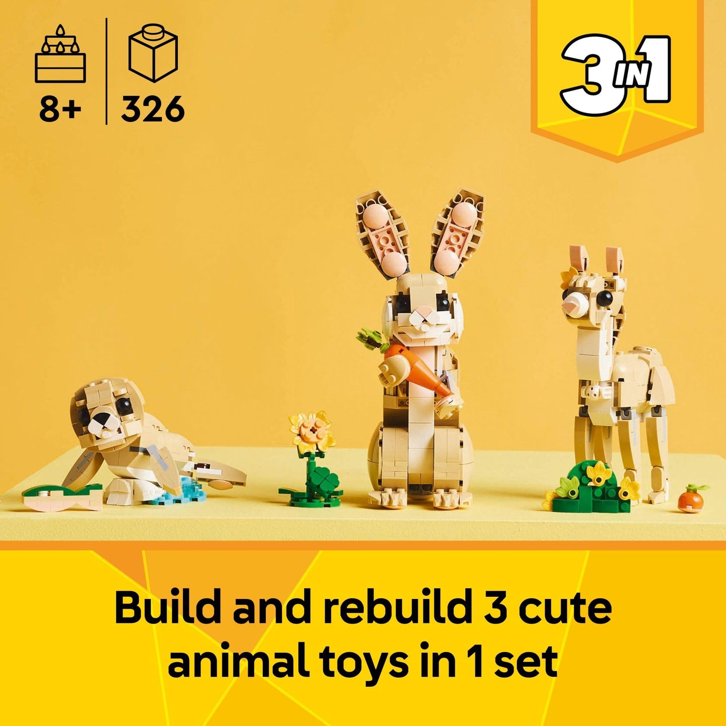 LEGO Creator 3 in 1 Cute Bunny Toy - Building Toy Set with 3 Build Options, Bunny, Seal, or Llama - Animal Figures for Kids, Girls and Boys, Ages 8+ - Gift Idea for Birthdays - 31162