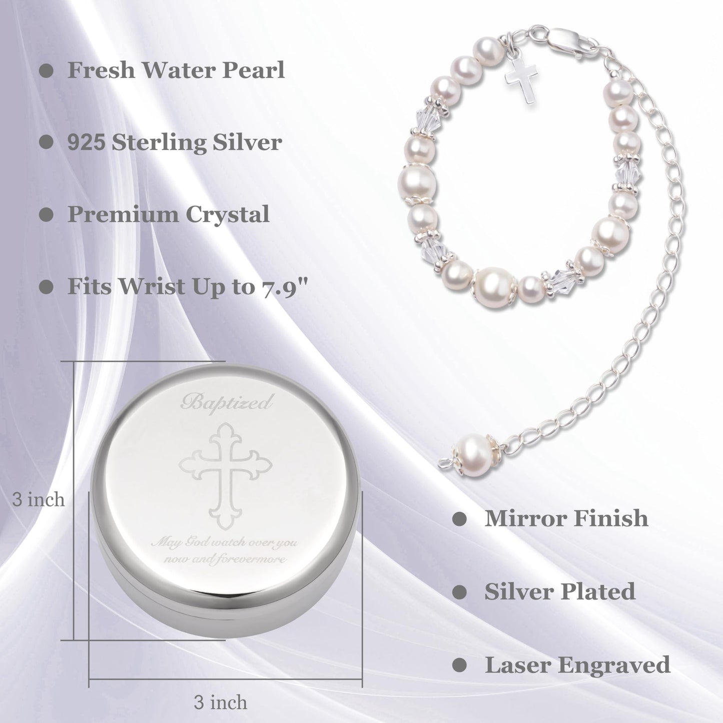 Tryuunion Baptism Bracelet in Sterling Silver and Cultured Pearls for Baby Girls, with Silver-plated Jewelry Keepsake Box, Great Catholic Christening and Baptism Gifts for Girl