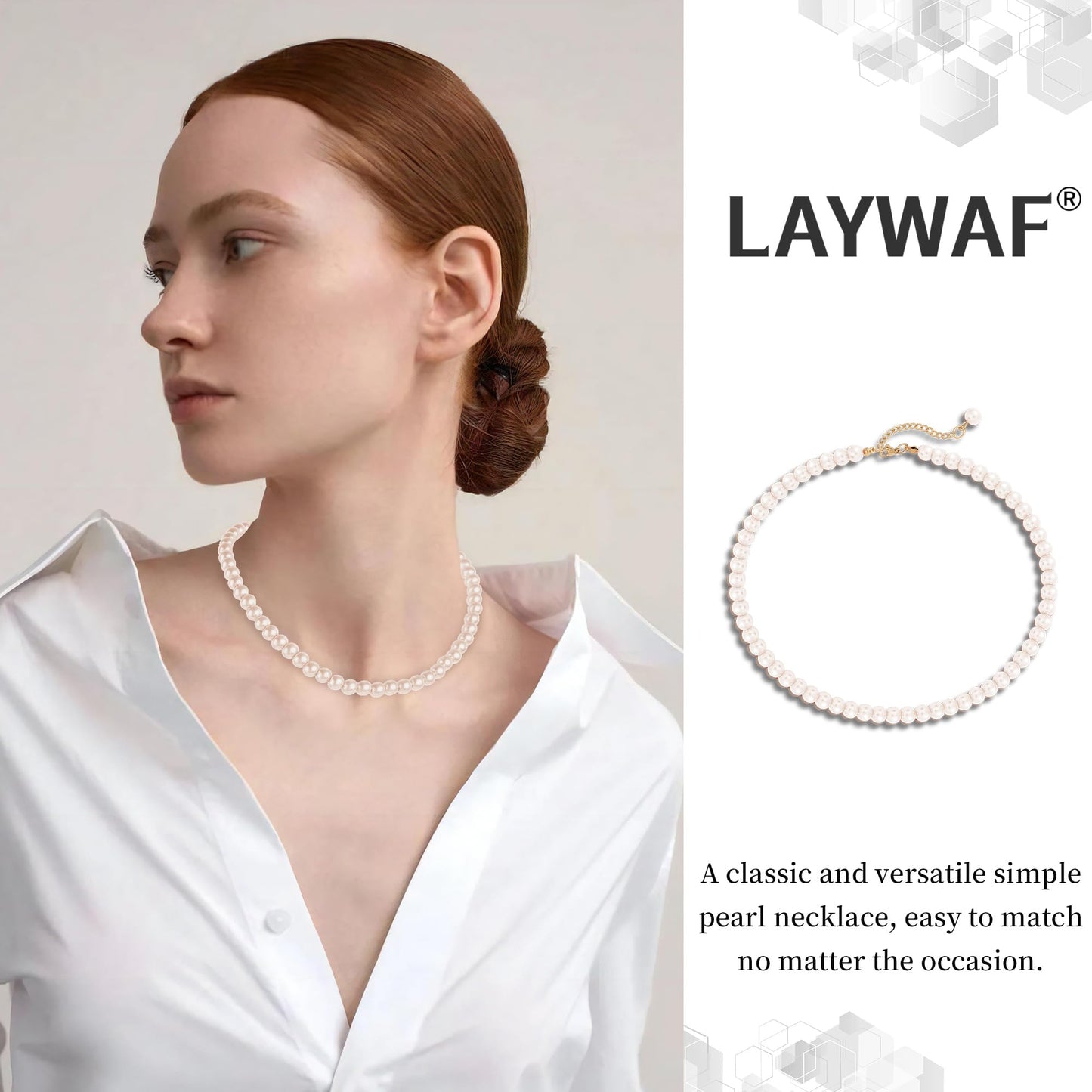LAYWAF White Imitation Pearl Necklace for Women, Fake Pearl Choker Necklace, 8MM Beaded Necklace, Dainty Simple Faux Pearl Mom Necklace, Wedding Necklace for Bride Bridal