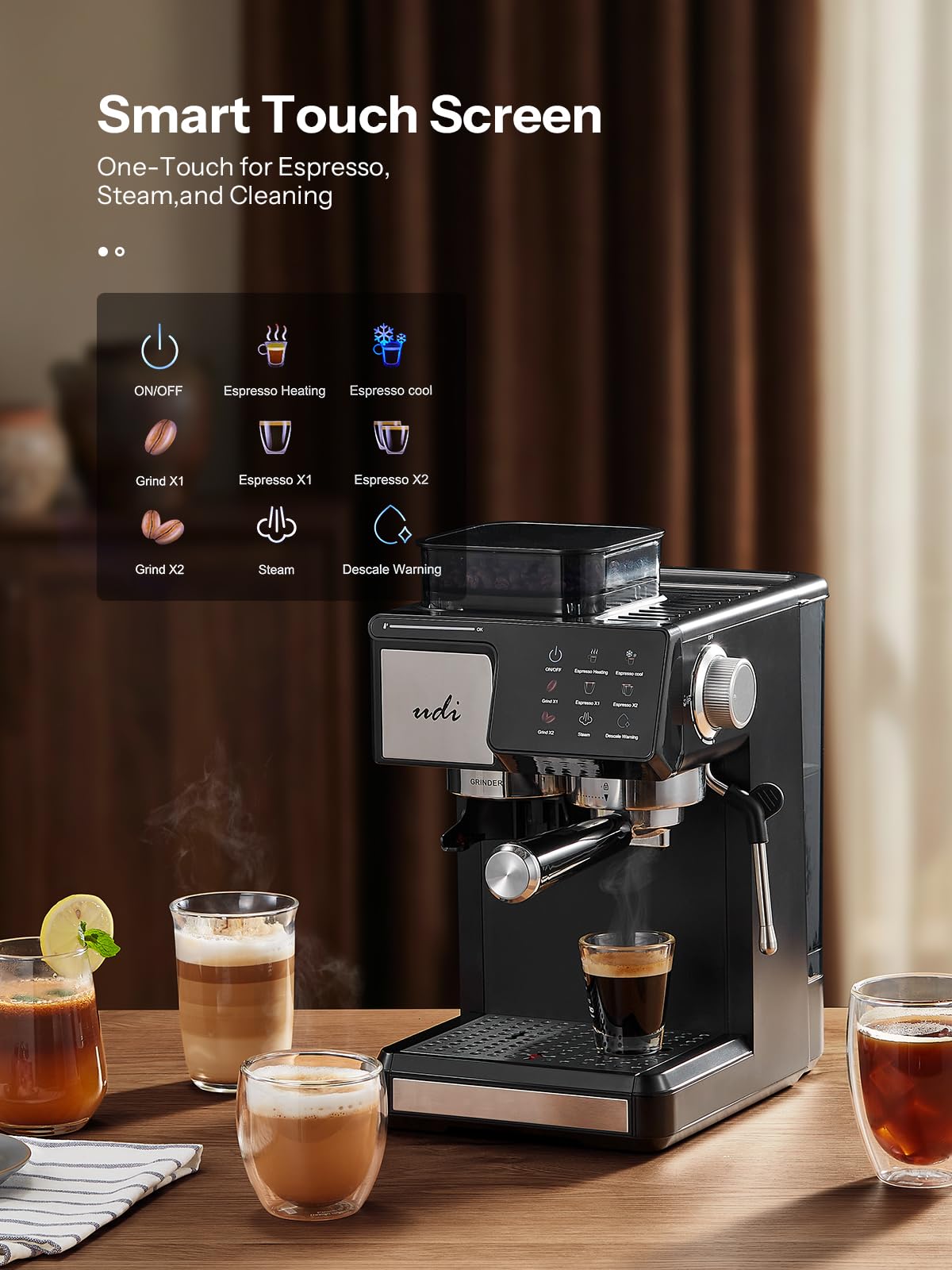 UDI 20Bar Espresso Machine with 20 Grind Settings - Touchscreen Control, Auto Grind (Single/Double Cup), Steam & Self-Cleaning, Quick Brew Café-Quality Coffee Maker for Home