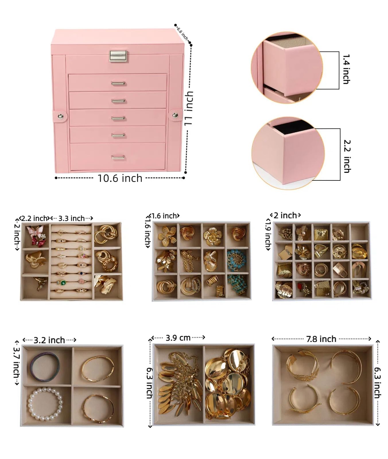 BOOVO Jewelry Box For women, 6 Layer Large Jewelry Organizer With Mirror, Multi-Function Storage Box With Lock, Necklace Holder With 5 Drawers, For Earrings Necklace Bracelet (Silver and Pink)