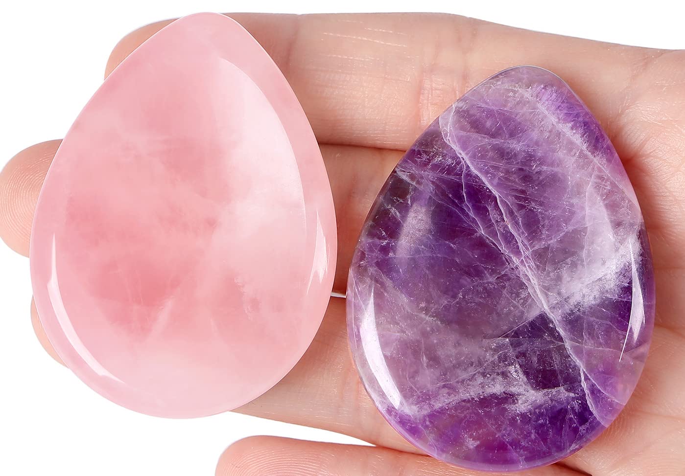 QINJIEJIE 2PCS Thumb Worry Stone for Anxiety Rose Quartz Amethyst Healing Crystals Sets Hand Carved Pocket Gemstones Meditation Crystal Reiki Palm Stone for Anxiety Relief Items