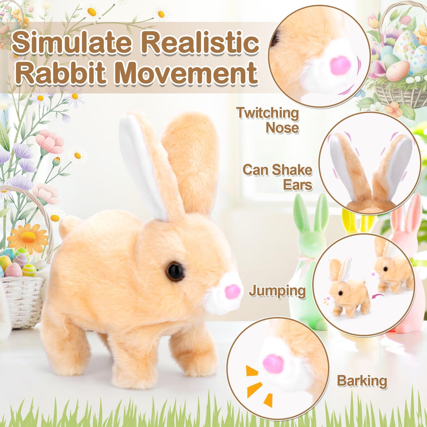 Hopping Bunny Toy, Easter Bunny Stuffed Animal Interactive Electronic Plush with Sounds and Movements, Animated Walking Wiggle Ears Twitch Nose, Easter Gifts for Kids Toddlers Boys Girls (brown)