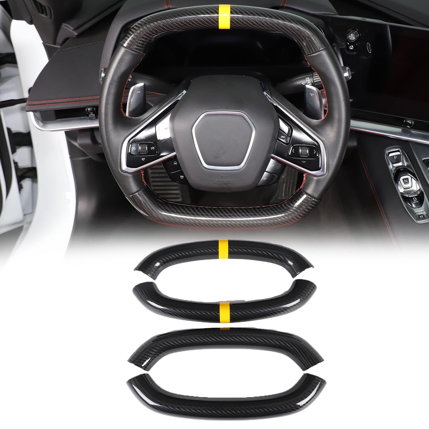 Steering Wheel Cover Trim Compatible with Chevrolet Corvette C8 2020-2026 100% Real Carbon Fiber 4PCS,Steering Wheel Circle Round Cover,Interior Protection Accessories (Black Carbon-Yellow)