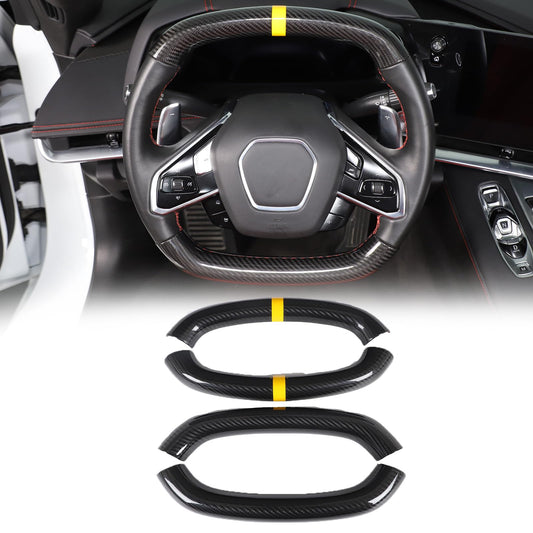 Steering Wheel Cover Trim Compatible with Chevrolet Corvette C8 2020-2026 100% Real Carbon Fiber 4PCS,Steering Wheel Circle Round Cover,Interior Protection Accessories (Black Carbon-Yellow)