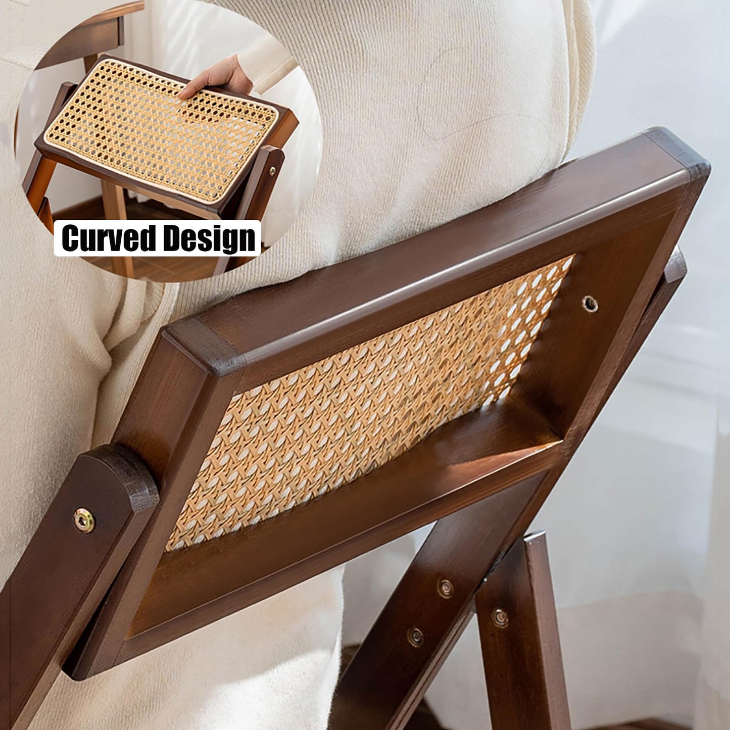 KISKIS Wooden Rattan Folding Chairs Portable Save Space Kitchen Dining Chair for Balcony Living Room, with Mesh Elastic Seat and Curved Back, 400LBS,1 Pack