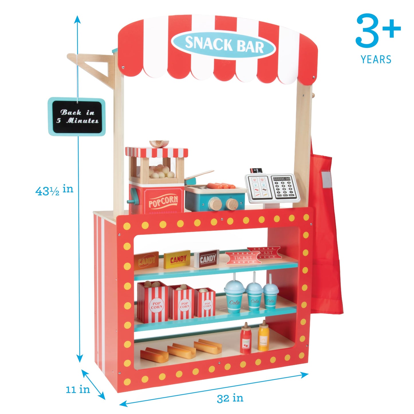 Movie Theatre Snack Bar Wooden Playset- Pretend Concession Stand Fun- Full Set w Popcorn Machine, Hot Dogs, Candy Bars, Sodas Cash Register, Credit Card- Kids Food Activity Center- Home or Daycare Toy