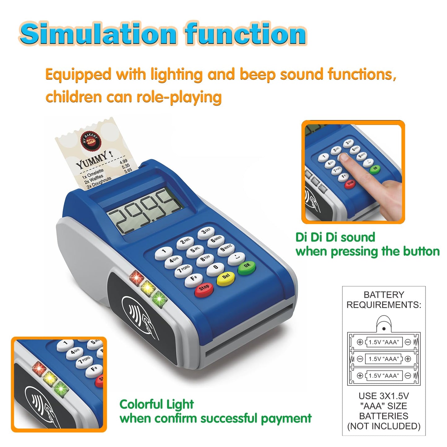 Payment Terminal Toys, Point of Sale Terminal with Light and Sound, Cash Register Toy with Credit Cards and Recipts, Pretend Play for Kids Age 3 and Up, Gifts for Boys and Girls