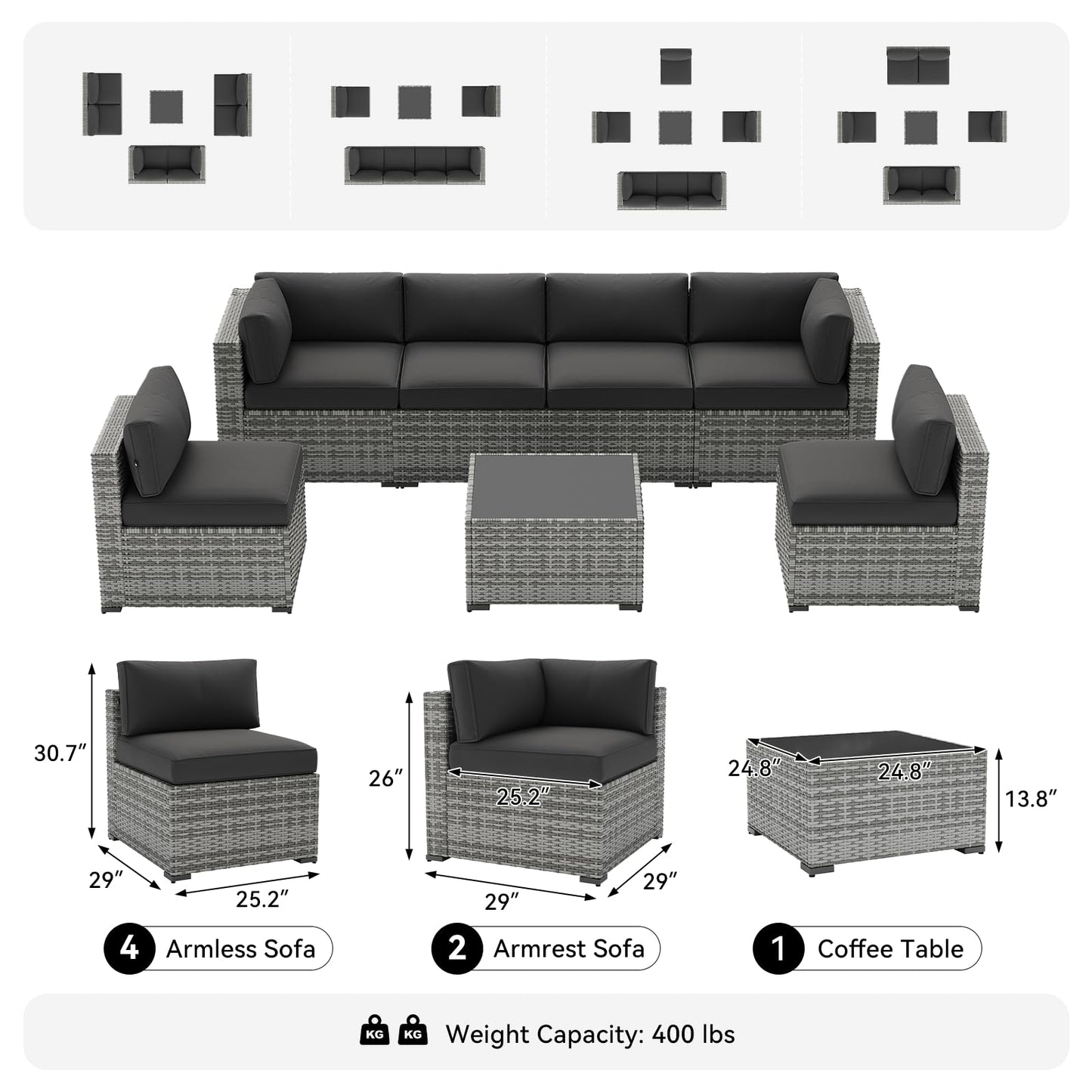 LazySunsets 7-Piece Patio Furniture Set, Wicker Rattan Outdoor Furniture with Thick Cushions, Patio Conversation Sets with Coffee Table, Outdoor Sectional Couch Sofa with Waterproof Cover, Black