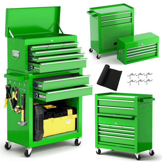 Dawmilon Tool Chest, 8-Drawer Rolling Tool Storage Cabinet with Wheels, Detachable Top Tool Box, and Locking Mechanism, Metal Tool Cart with Liner and 6 Hooks for Garage, Workshop, Green