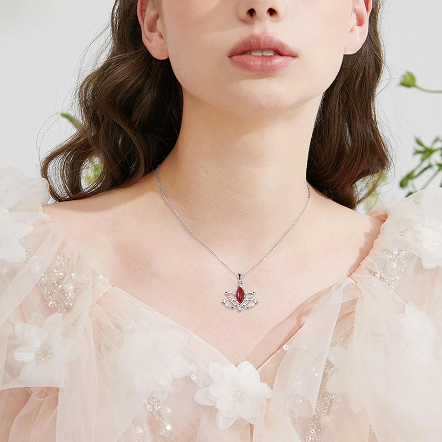 YFN Lotus Flower Necklace Sterling Silver Red Agate Lotus Pendant Lotus Jewelry Gifts for Women