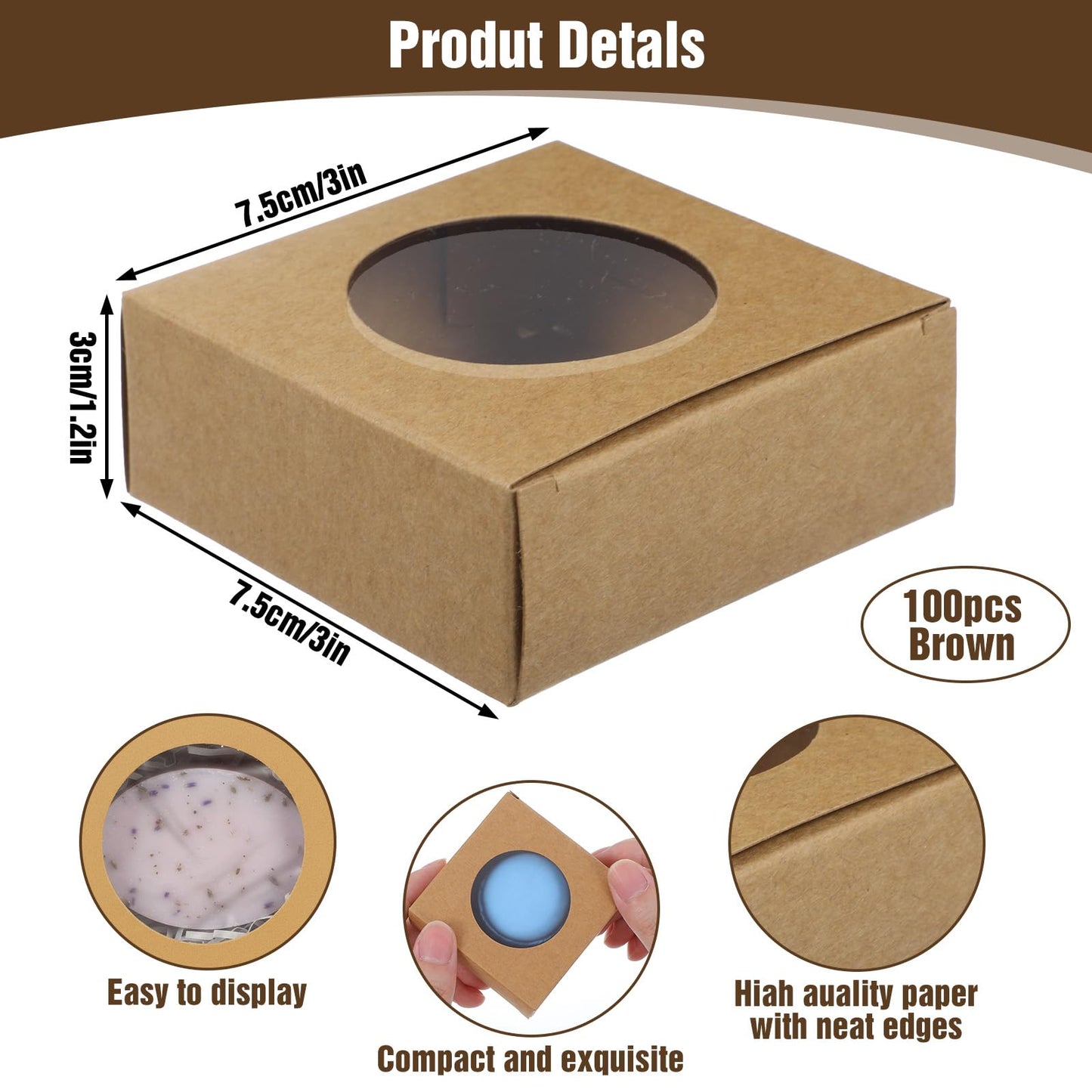 Afcabakila 100 Pcs Soap Boxes for Homemade Soap, Bulk Krafts Paper Boxes With Clear Window, 3x3x1.2 Inch Small Square Gift Packaging Boxe For Homemade Soap, Cookies, Candies, Jewelry and Party Favors