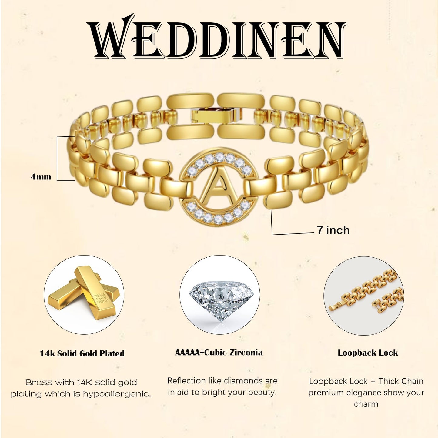 WEDDINEN Initial Bracelet,14K Gold Plated Letter Bracelets for Women, Thick Bangle Wrist Gold Alphabet Bracelet for Women, Christmas Gifts for Women Jewelry Initial F Charm Chain