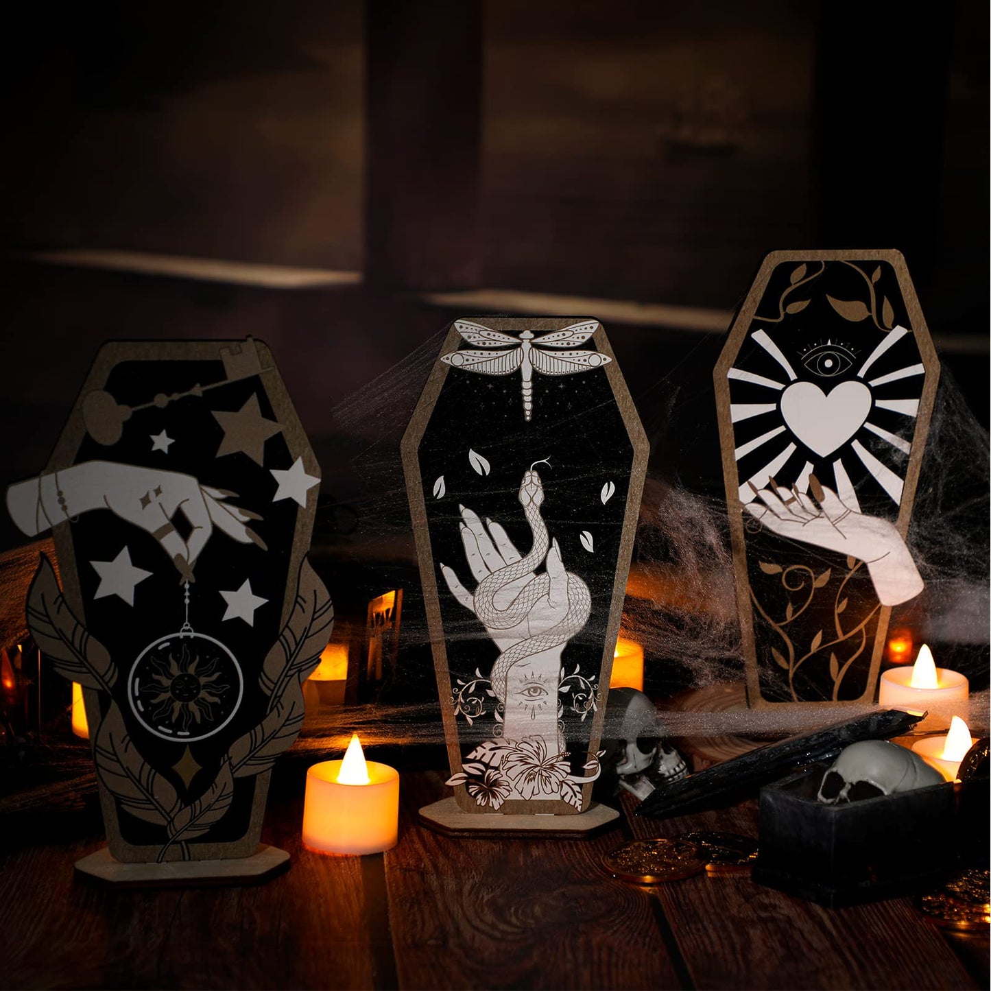 3-Piece Gothic Home Decor: Witch Hand Wooden Coffin Sign, Spooky Hands Stars Hearts Table Desk Accessories for Halloween Party Supplies