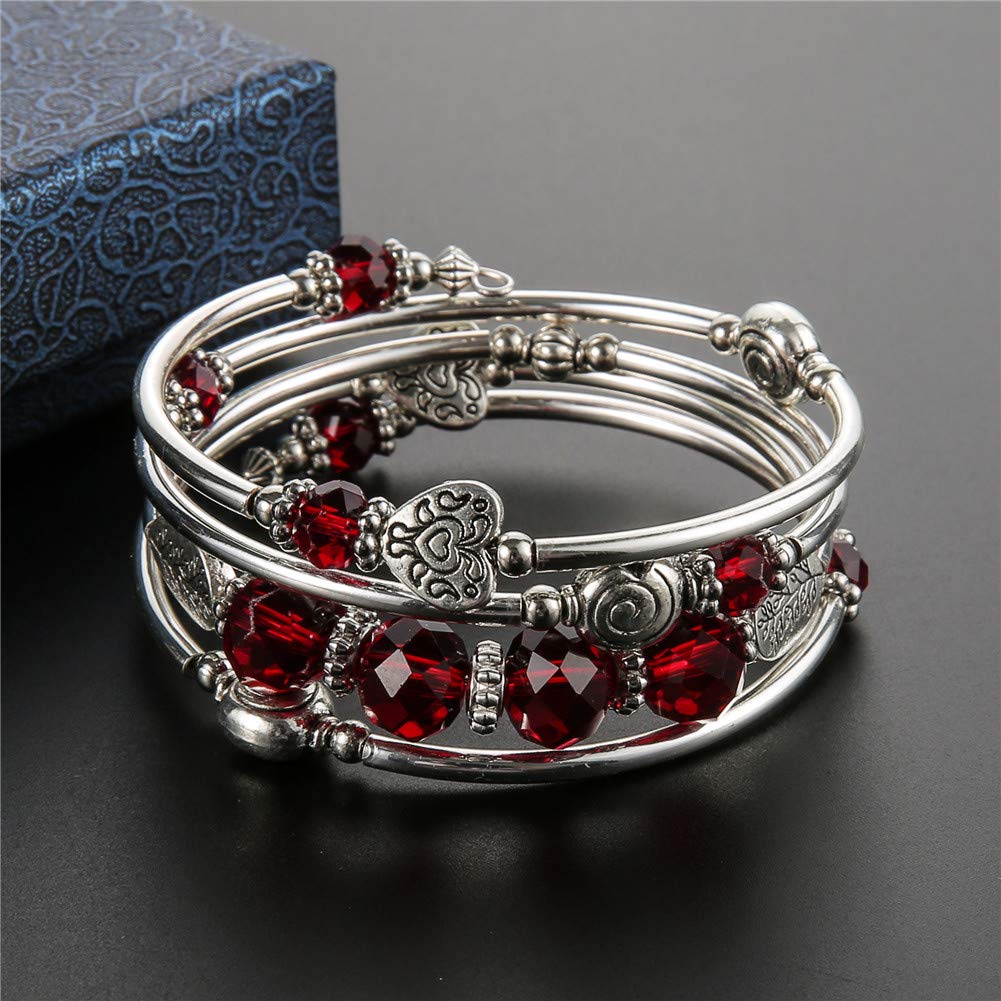 PEARL&CLUB Bead Crystal Wrap Bangle Bracelet - Fashion Jewelry Beaded Bracelet with Silver Metal, Gifts for Women(23-Red)