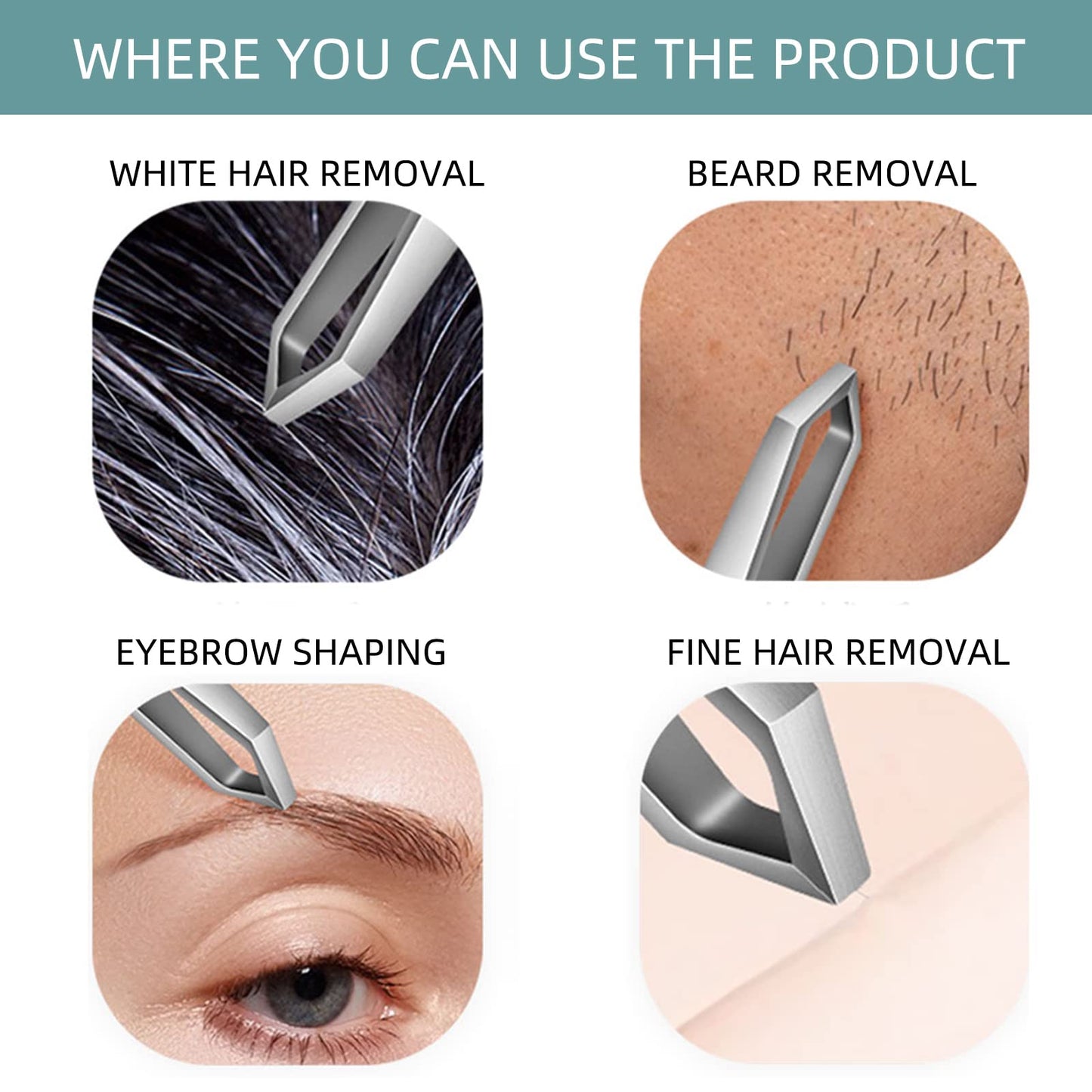 AUSOMTEK Beard & Hair Plucking Tweezers, Fine Eyebrow Tool, Stainless Steel, 10mm Tip, Anti-Slip Slot Design, Cyan PU Case