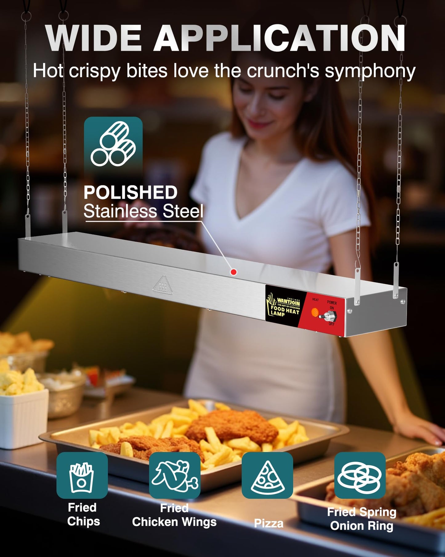WantJoin Food Heat Lamp - 36 Inch 500W Commercial Heating Lamp for Food Hanging Warming Lamps 500W Stainless Steel Electric Strip Heater with Warm Lights for Service Cafeteria Restaurant Kitchen