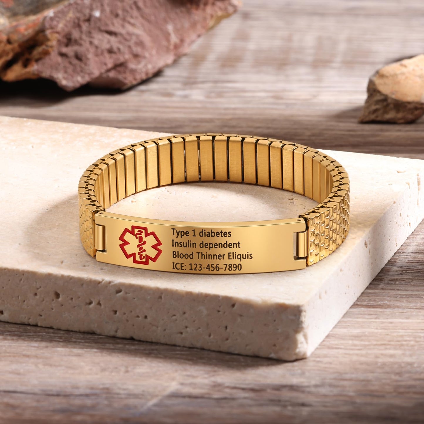Bijouweled Medical Alert Bracelet for Women Men 7.5 to 9.8 Inches Emergency ID Bracelets Free Engraving Personalized Medic Alert Bracelet for Adult (Gold 7.3inch stretchable)