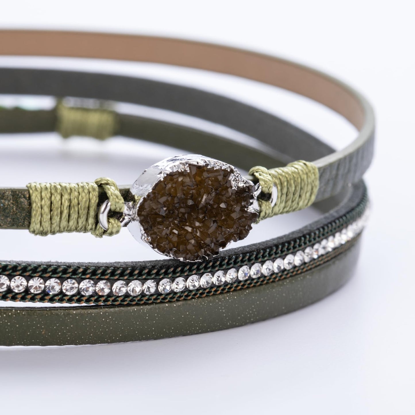 FANCY SHINY Boho Leather Wrap Bracelet Stackable Chunky Crystal Cuff Bracelets with Magnetic Clasp Cowboy Cowgirl Western Summer Beach Outfits Jewelry Gifts for Women (14.7", Green)